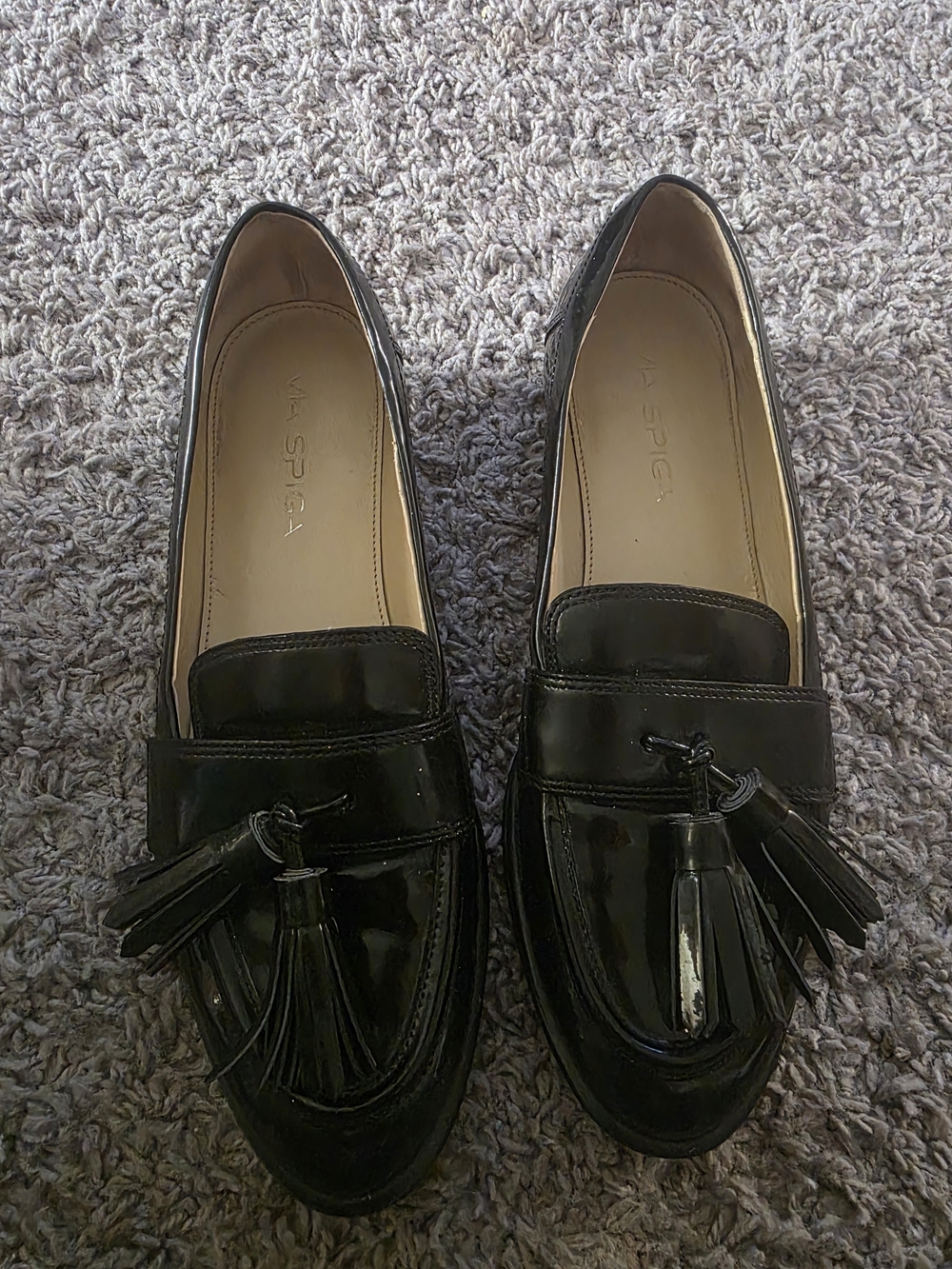 Via Spiga Black Patent Tassel Loafers - Women